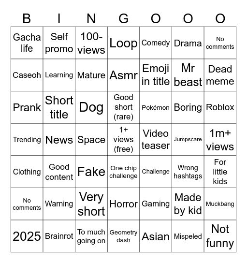 Shorts bingo Card