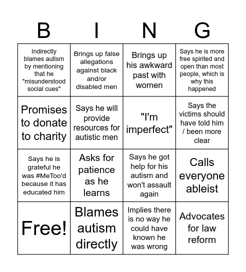 Autistic Man responds to SA allegations Bingo Card
