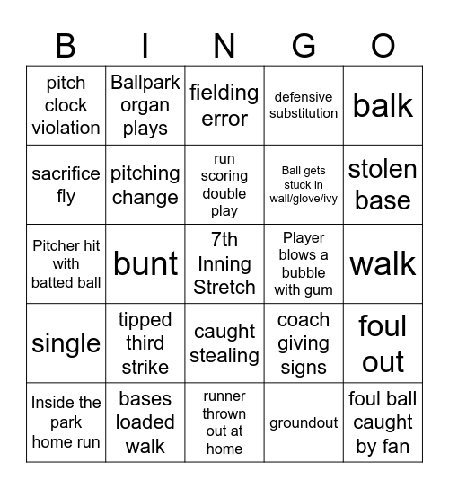 Baseball Bingo Card