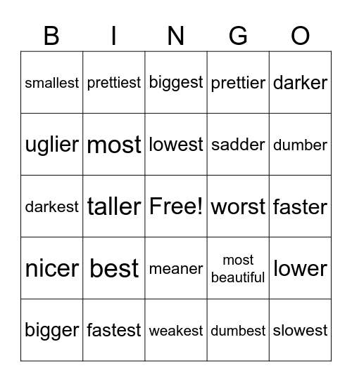Comparative and Superlatives Bingo Card