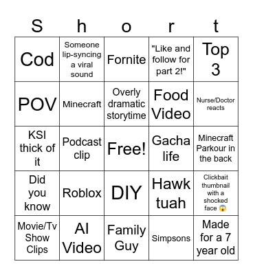 YouTube Shorts Bingo Card