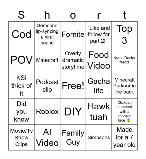 YouTube Shorts Bingo Card