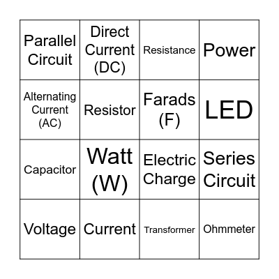 Bingo: Topic 1 (Electrical Power) Bingo Card