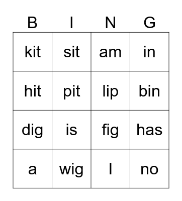 Short vowel i Bingo Card