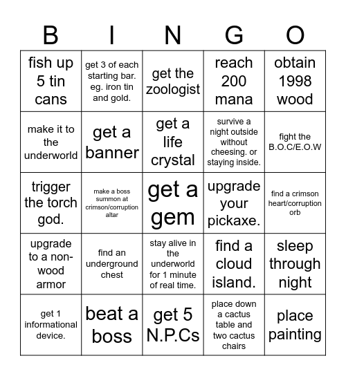Terraria 1.4 Pre Hardmode easy bingo Card