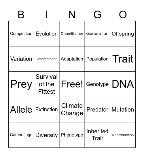 Natural Selection Bingo Card