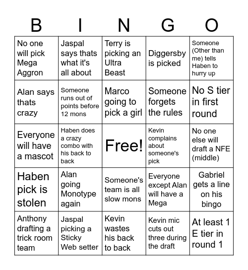 Pokemon Draft #6 Bingo Card