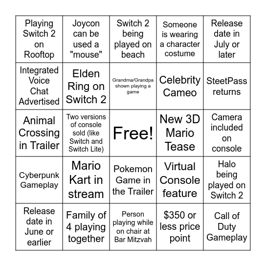 Switch 2 Bingo Card