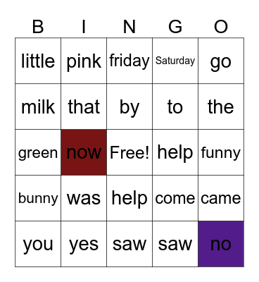 sight words Bingo Card