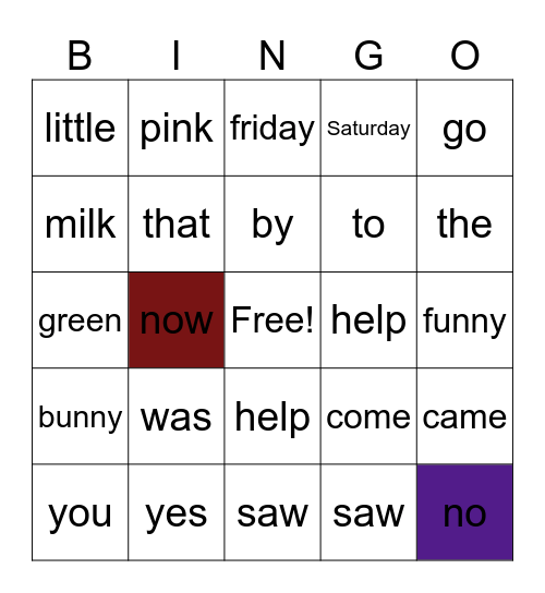sight words Bingo Card