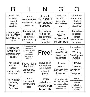 Getting to know your TAFE Campus Bingo Card