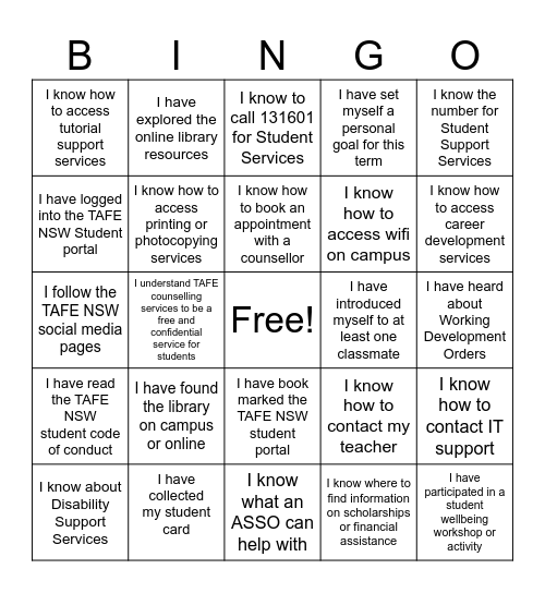 Getting to know your TAFE Campus Bingo Card