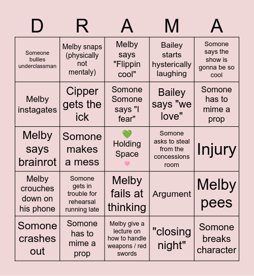 She Kills Monsters Rehearsal Bingo Card