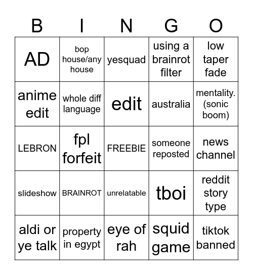 TIKTOK BINGO Card