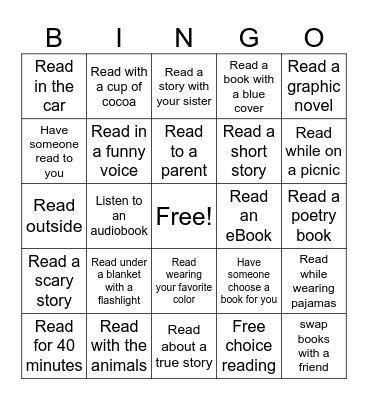 Girls Choice Reading Bingo Card