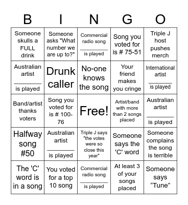 Hottest 100 Bingo Card