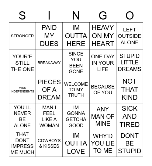 955 ANASTACIA VS SHANIA VS KELLY Bingo Card