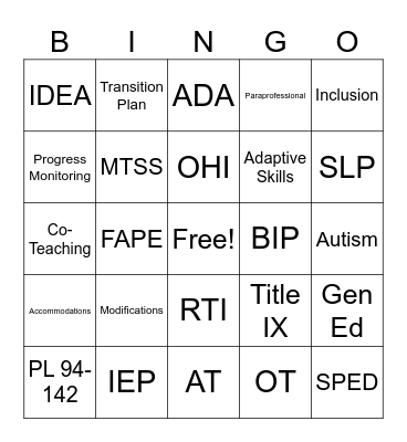 Special Education Bingo Card