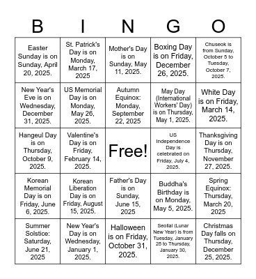 2025 Holidays in the USA and South Korea Bingo Card