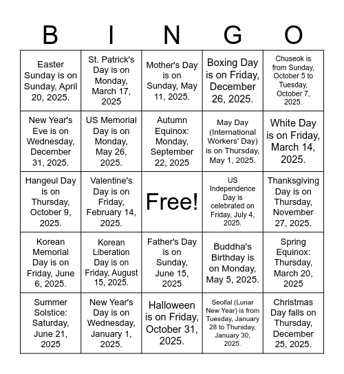2025 Holidays in the USA and South Korea Bingo Card