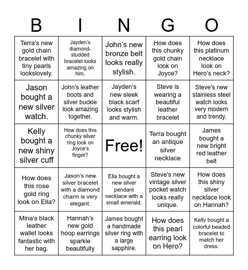 Accessories Sentences Bingo Card