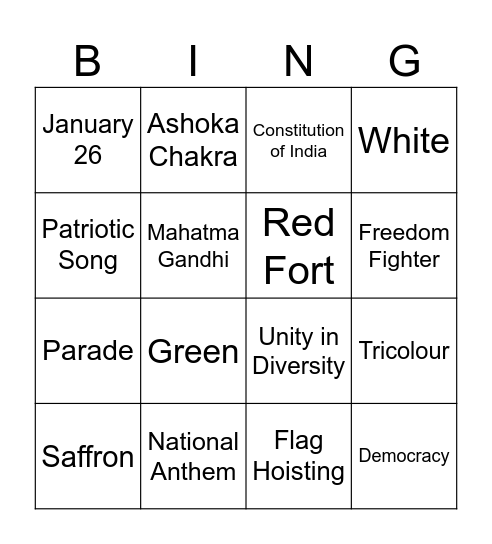 Republic Day Bingo Card