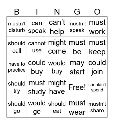 Modal Verbs Bingo Card