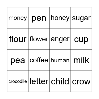 nouns Bingo Card