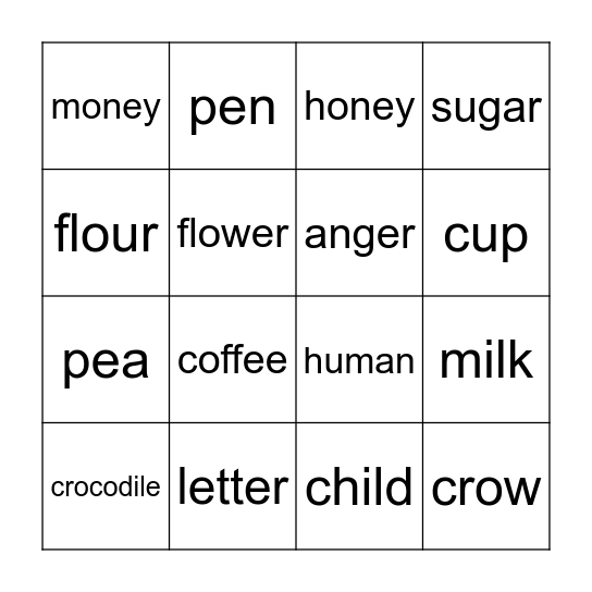 nouns Bingo Card