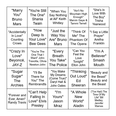 Love Song Bingo Card