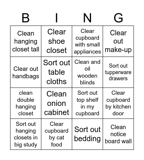 Tidy up Bingo Card