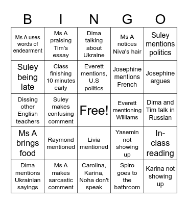 English BINGO Card