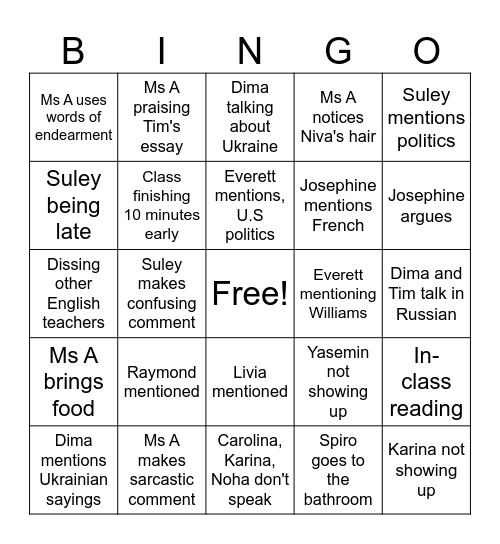 English BINGO Card