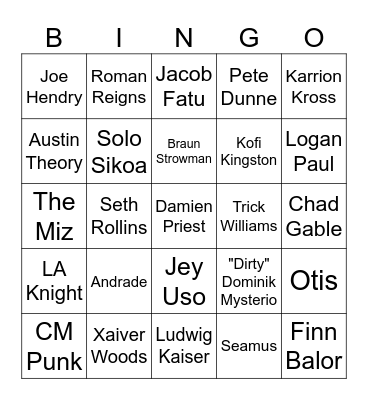 Royal Rumble Bingo Card