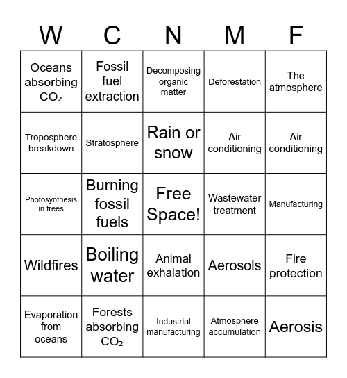 Sinks & Sources of Greenhouse Gases Bingo Card