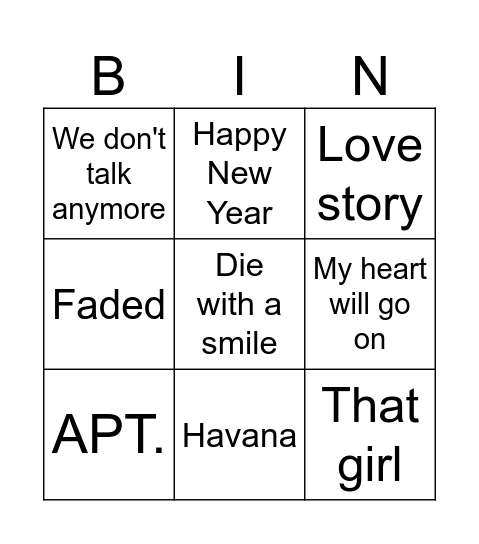 Music songs Bingo Card