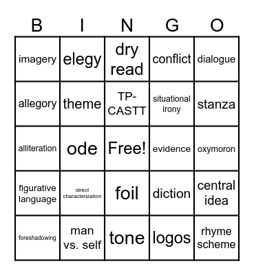 English I EOC Review Bingo Card