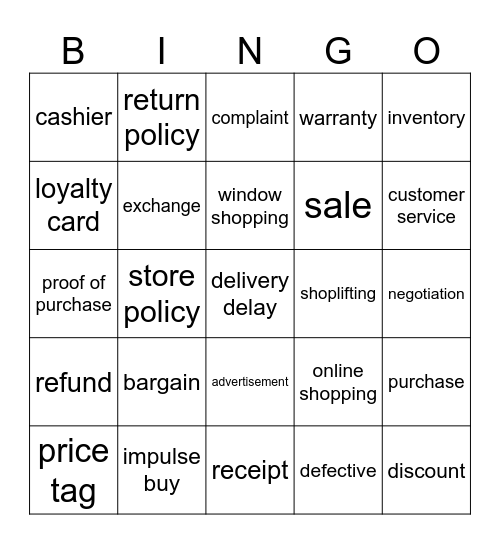 Shopping vocabulary Bingo Card