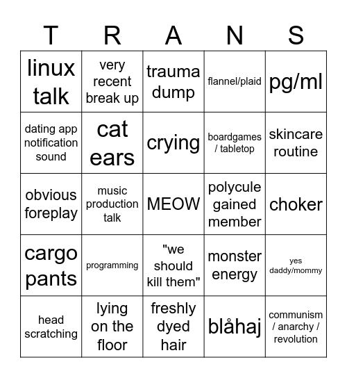 Trans Meeting Bingo Card