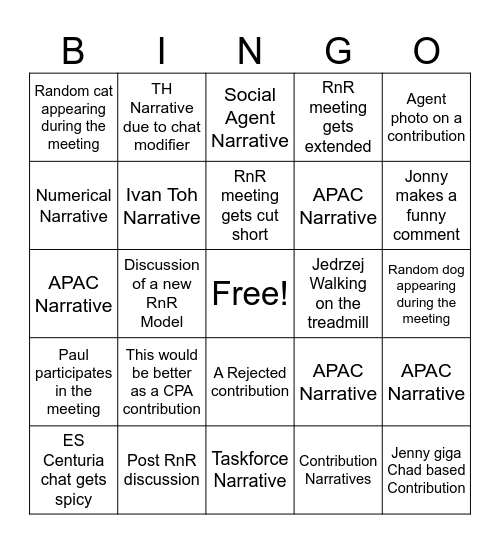 5CA RnR Bingo Sheet Bingo Card