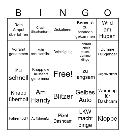 Dashcam Bingo Card