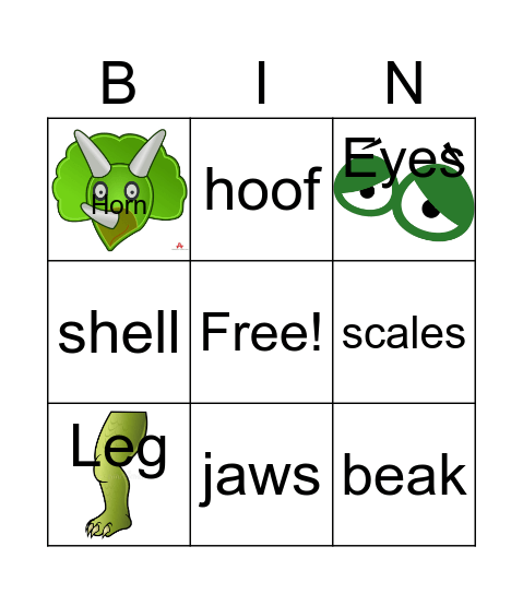 Animal Body Parts Bingo Card