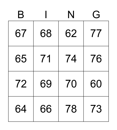 Numeros 60-79 Bingo Card