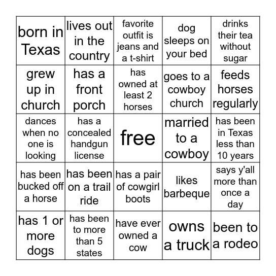 Horse Bingo Card