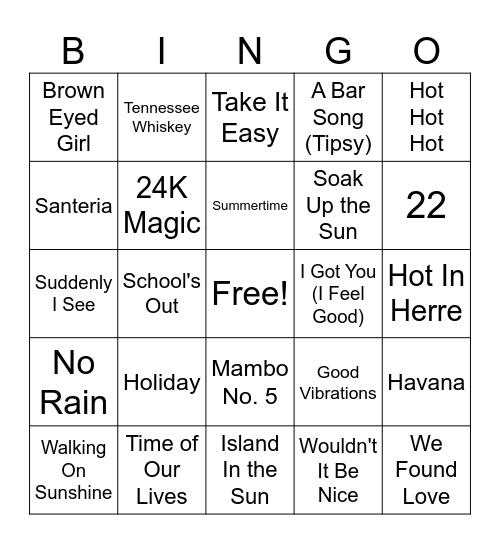 Summer Music Bingo #2 Bingo Card