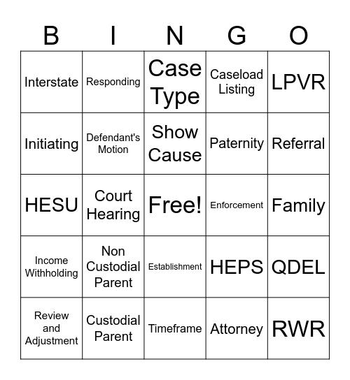 Child Support Bingo Card