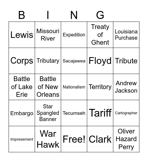 LC/War of 1812 Vocabulary Review Bingo Card