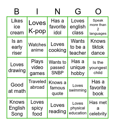 English Club Bingo Card