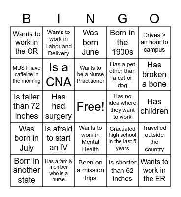 Nursing School BINGO Card