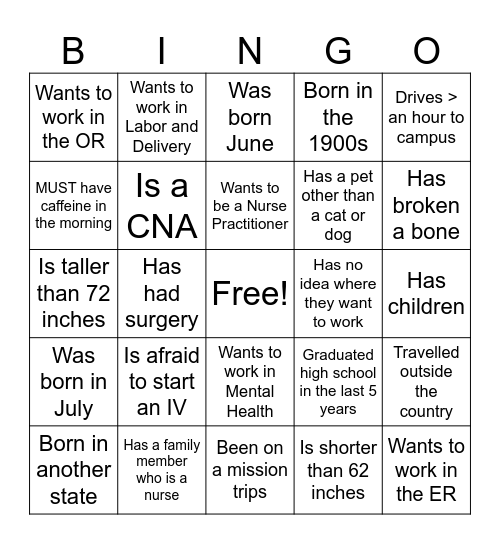 Nursing School BINGO Card